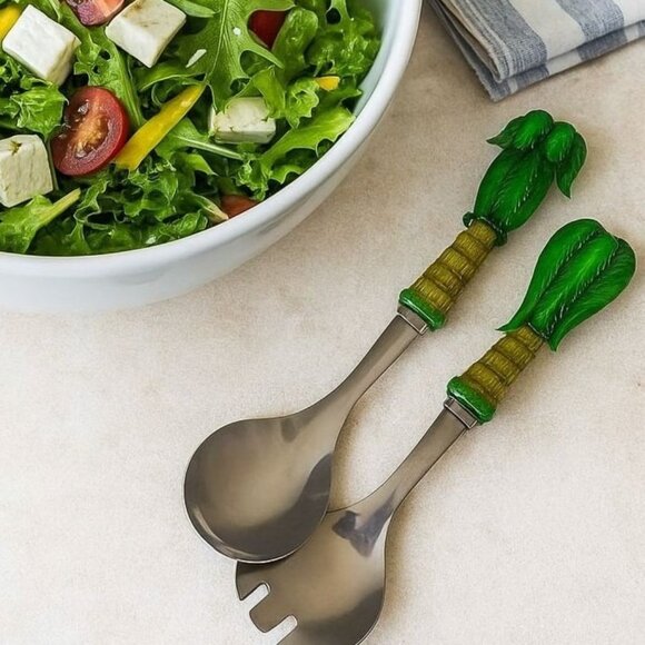 Tropical Palm Tree Salad Serving Set VTG Coastal Kitchen Utensils Island Dining - Picture 1 of 14